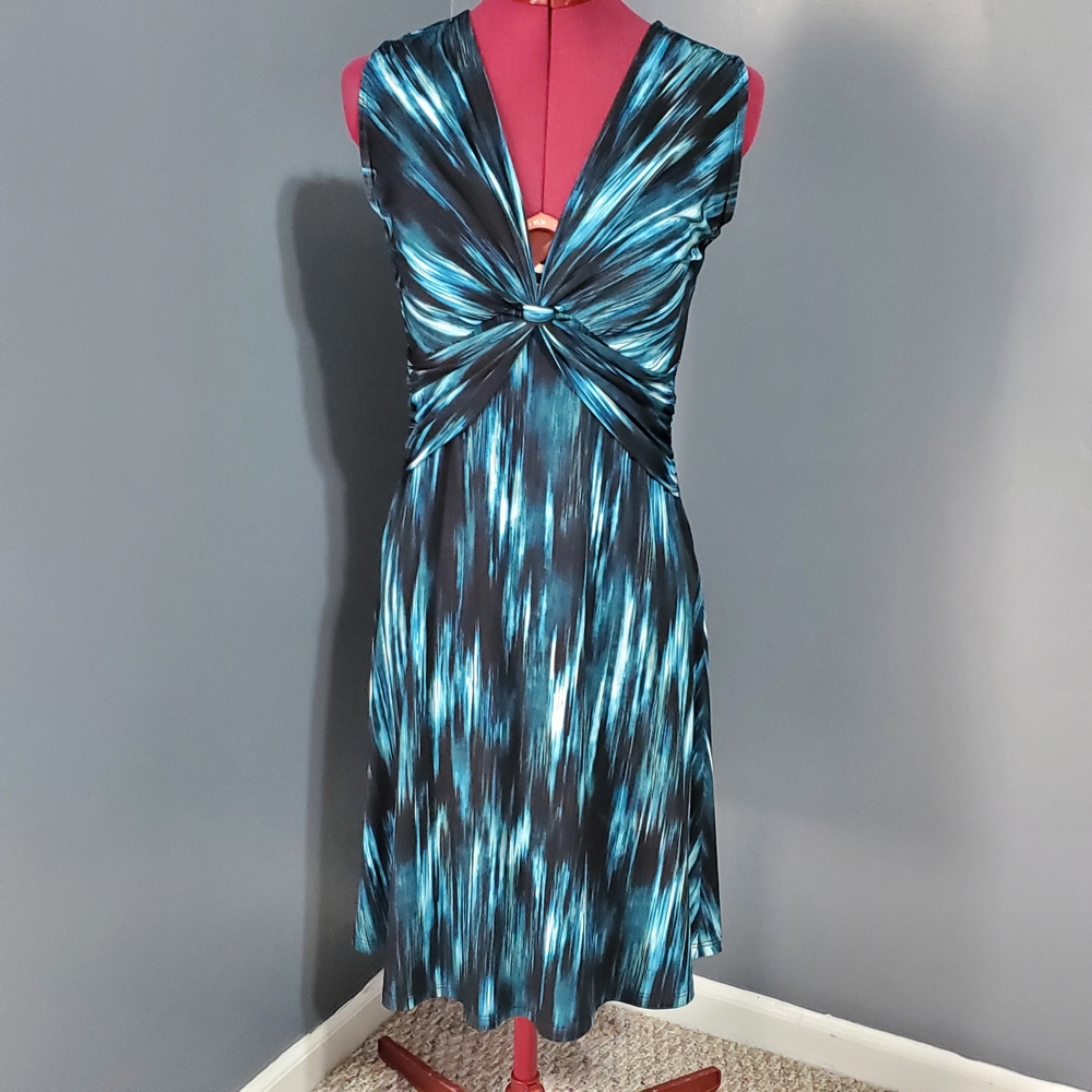 Connected Apparel Teal and Black Midi Stretchy Dress V Neck Size 6 - Picture 1 of 6